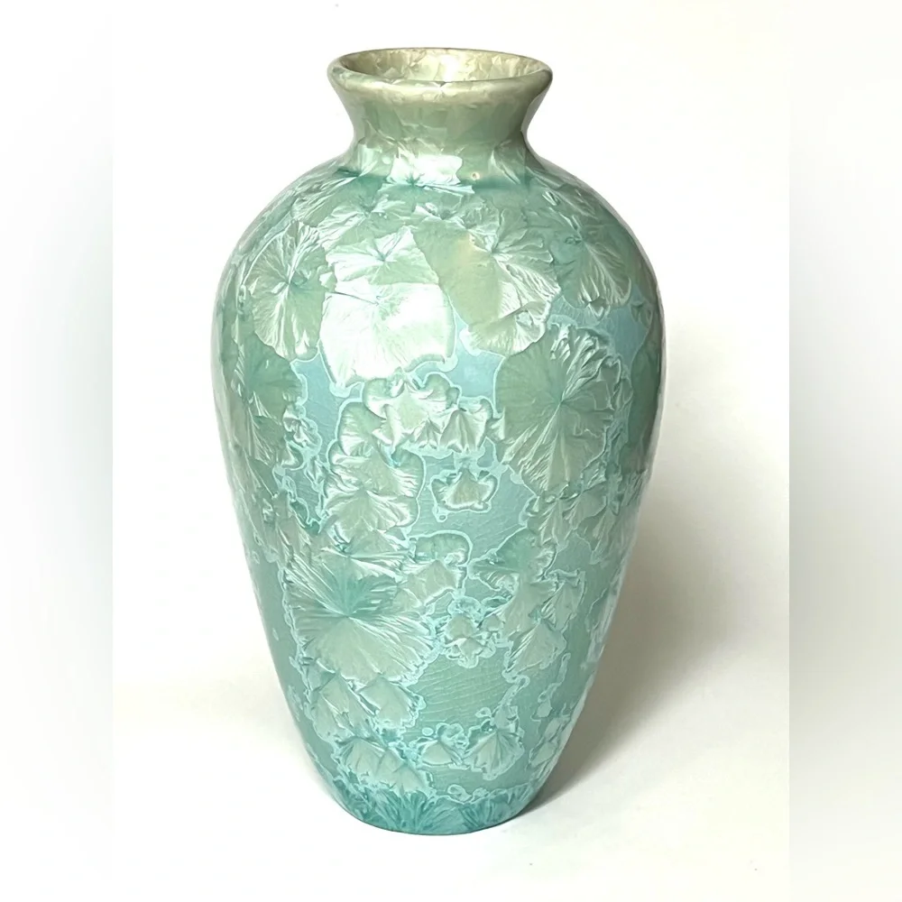 Jon Price Studio Art Pottery Teal Ceramic Crystalline Glaze Flower Bud Vase 8 in